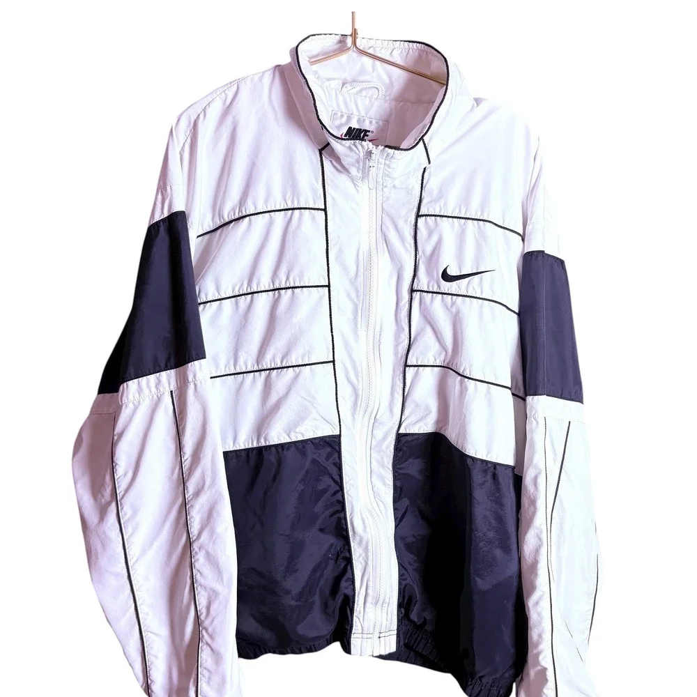 Nike VINTAGE 90s Windbreaker Jacket White Black Athletic Retro Mens XL